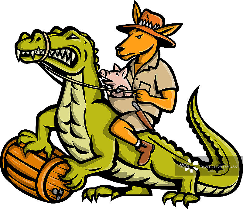 骑着鳄鱼的袋鼠吉祥物图片素材