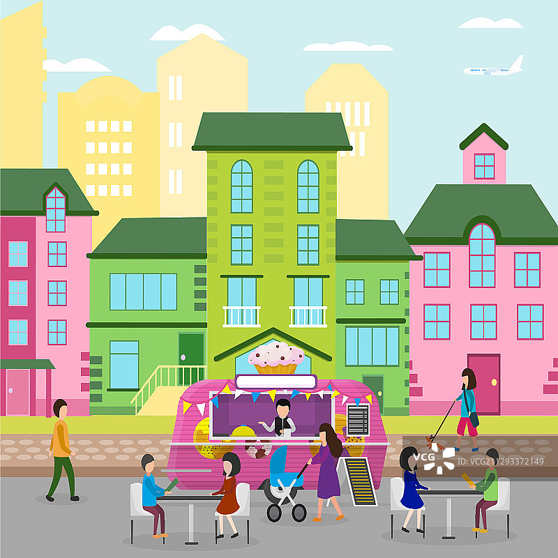 有糖果冰淇淋的餐车和行人图片素材