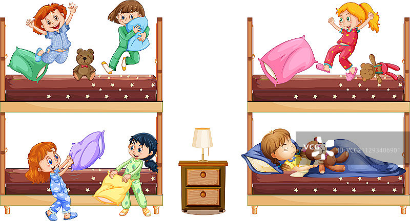 许多女孩在床上玩耍和睡觉的场景图片素材