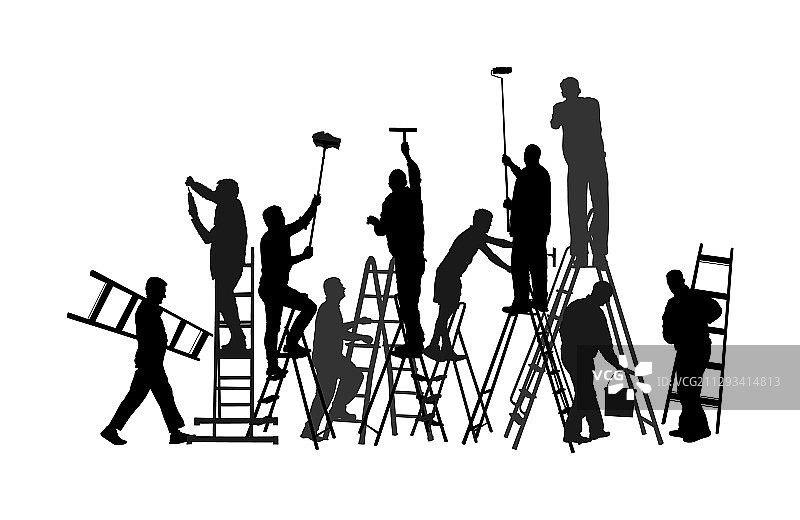 梯子上进行装修的油漆工人轮廓图片素材