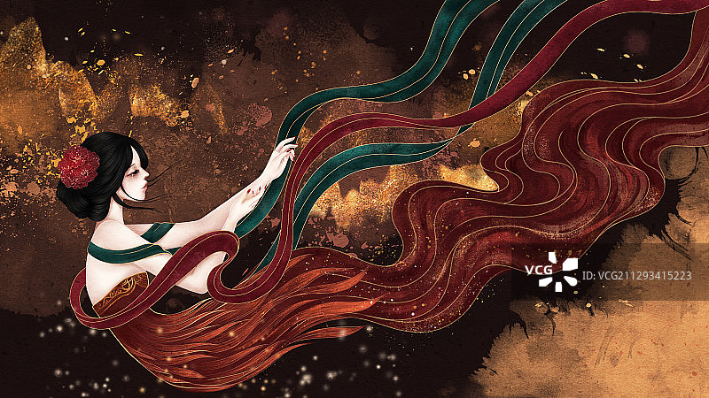 洒金纹理和古风美女图片素材