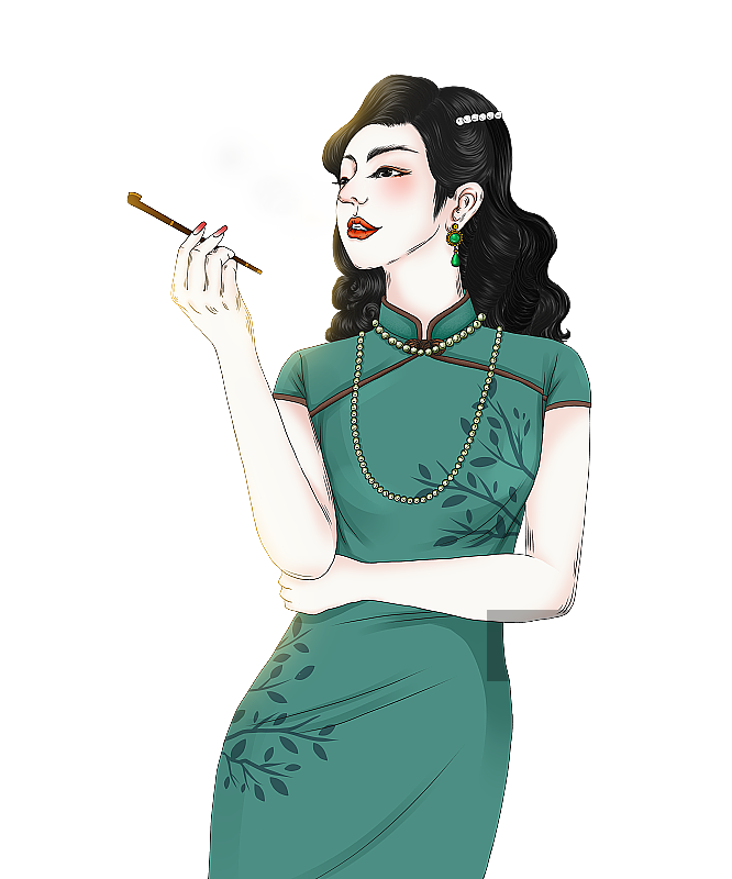 抽烟的穿旗袍的女人图片素材