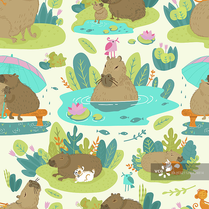 丛林绿背景上的水豚图案图片素材