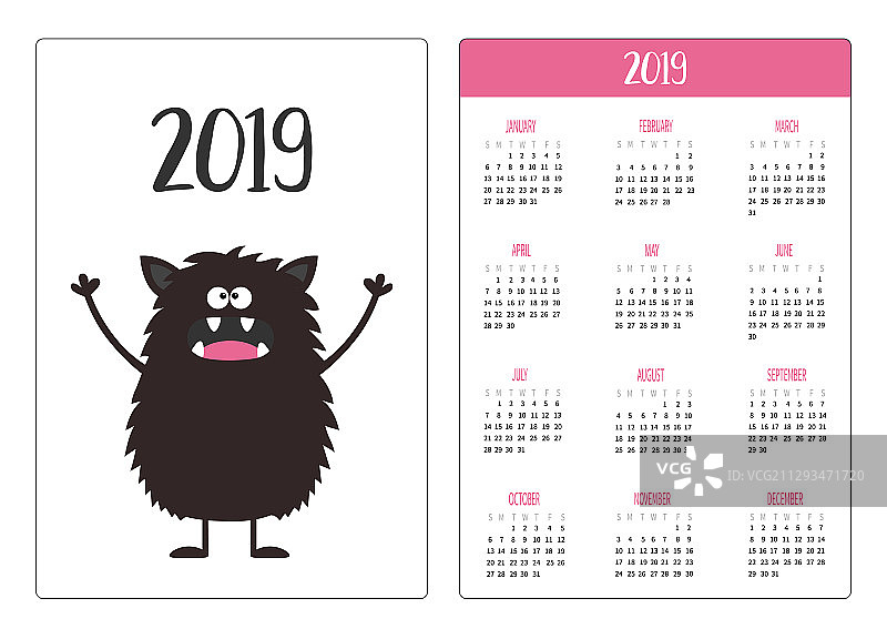 2019年袖珍日历，每周从周日开始图片素材