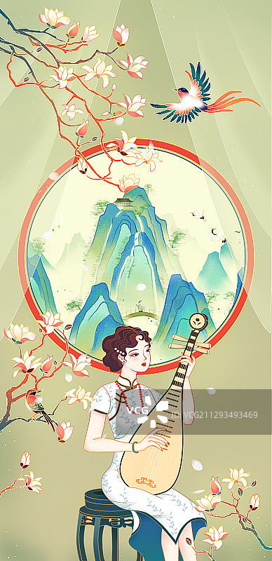 玉兰花下山川民国琵琶女插画图片素材