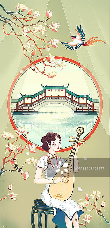 玉兰花下水乡琵琶女插画图片素材