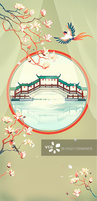 中国风玉兰花下水乡插画图片素材