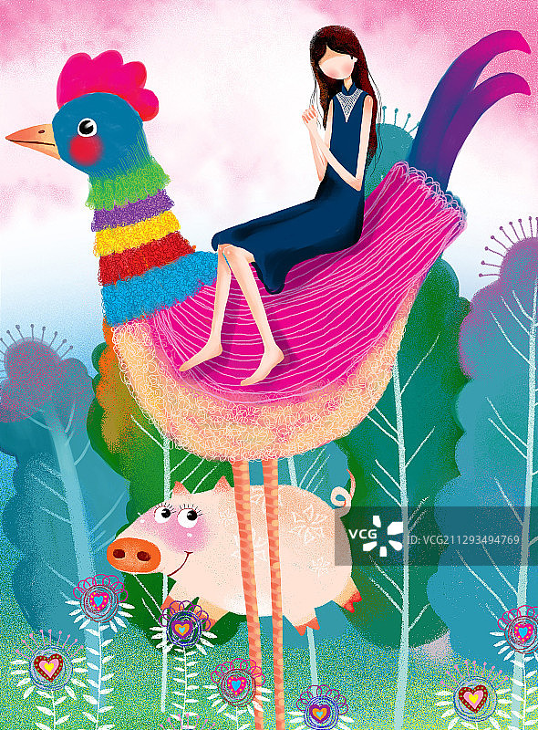 唯美时尚女孩人物插画-骑在公鸡的许愿的女人图片素材