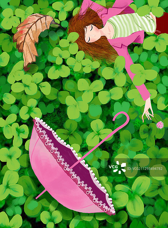 唯美时尚女孩人物插画-躺在三叶草上的女孩图片素材