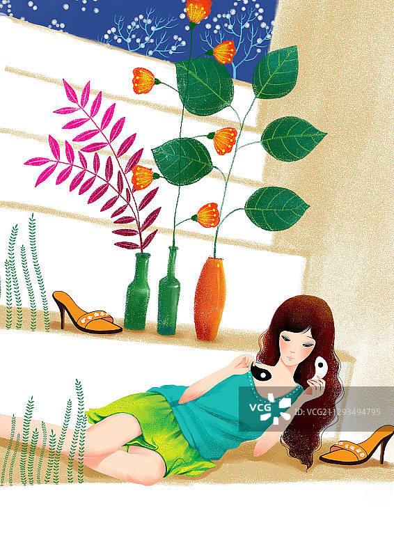唯美时尚女孩人物插画-半躺着的时尚女人图片素材