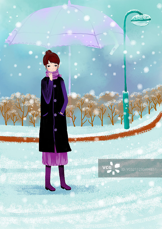 唯美时尚女孩人物插画-雪地里的女孩图片素材
