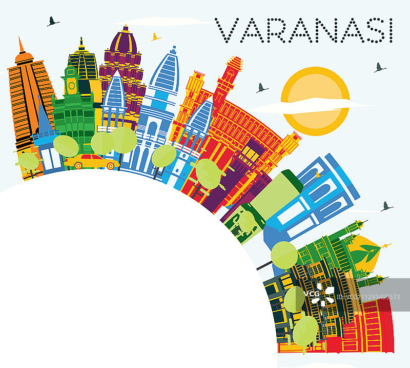 带有彩色建筑的印度瓦拉纳西城市天际线图片素材