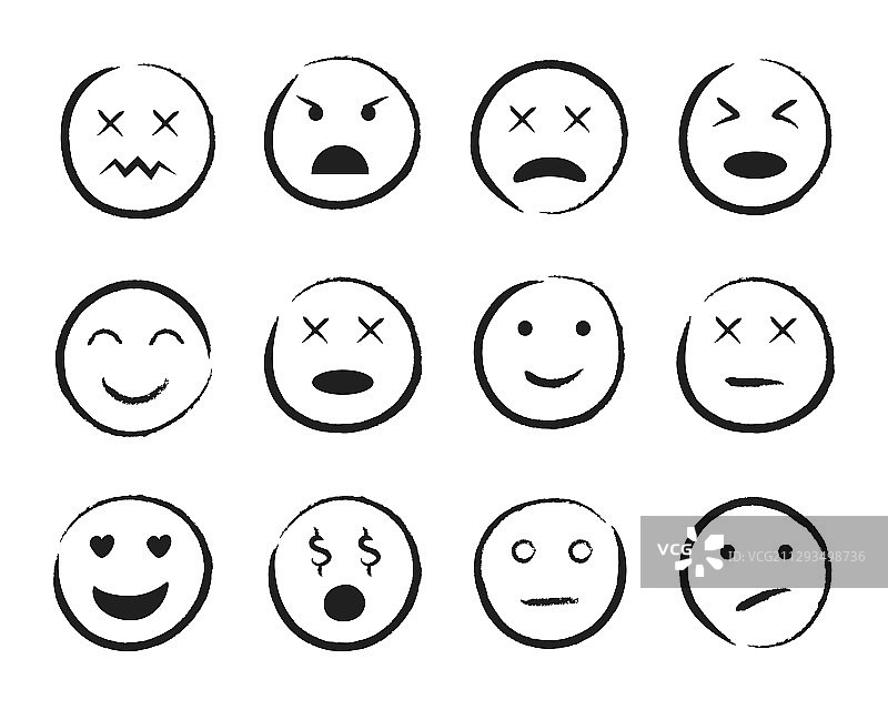 手绘风格的表情符号笑脸，表达快乐、悲伤、愤怒图片素材