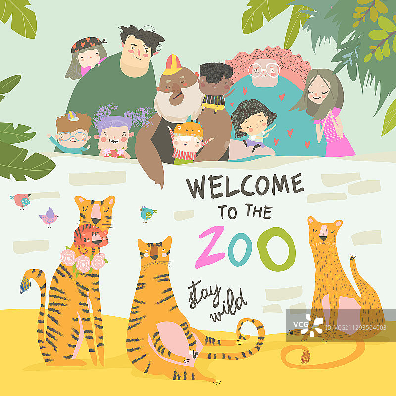 快乐的孩子们和父母在动物园看老虎图片素材