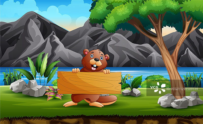 海狸在自然背景中举着木制标牌图片素材