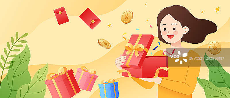 一个女生开心地打开礼盒和金币红包等图片素材
