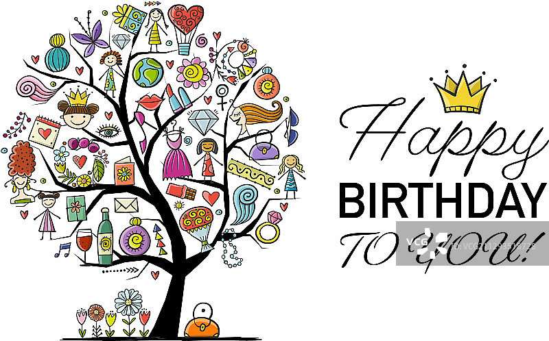 带有女性配饰礼品和愿望的艺术树图片素材