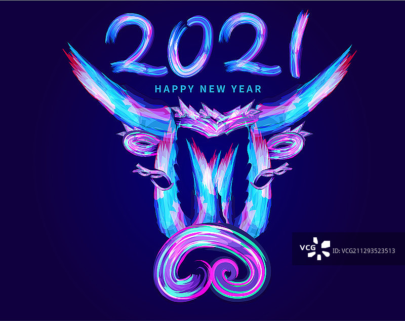 2021新年炫彩荧光色的牛头插画图片素材