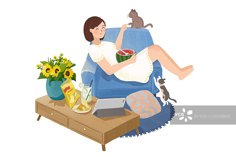 空调房里的女孩和猫图片素材