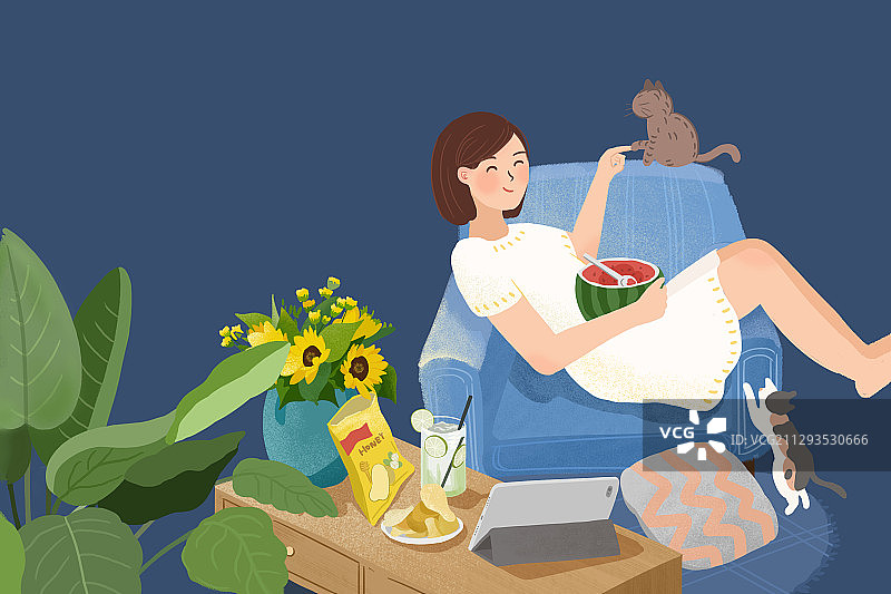 空调房里的女孩和猫图片素材