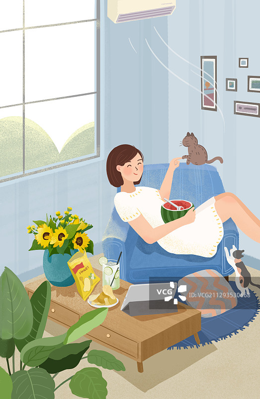 空调房里的女孩和猫图片素材