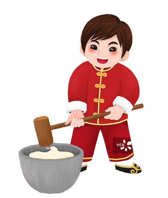 穿着传统服饰打年糕的男孩图片素材