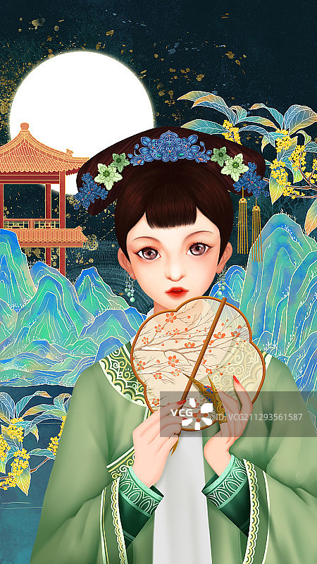 中国风山水和宫廷美女图片素材