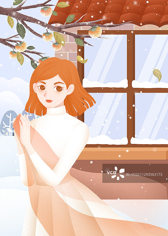 秋天柿子树下的女人图片素材