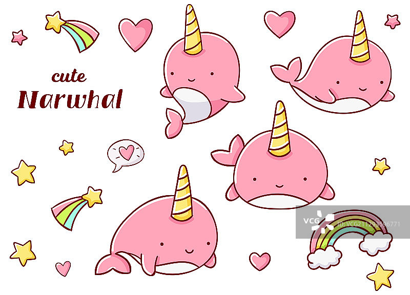 手绘粉色独角鲸涂鸦素材图片素材