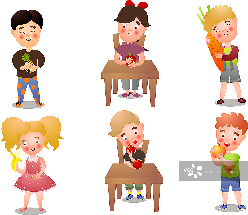 快乐微笑儿童与新鲜水果套装图片素材