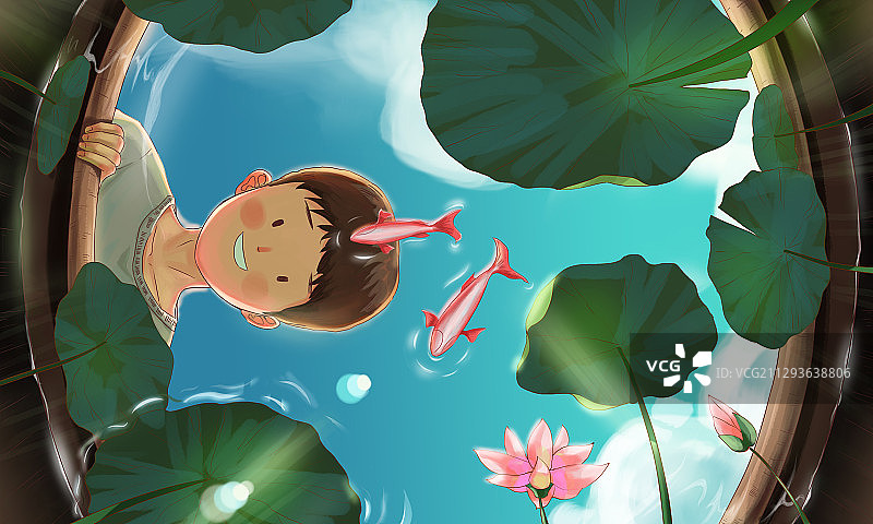 在鱼缸边看金鱼的男孩图片素材