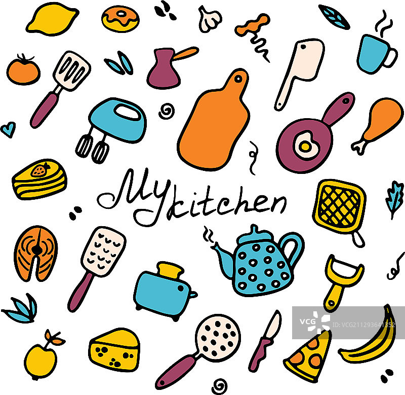 手绘厨房用品涂鸦图标合集图片素材