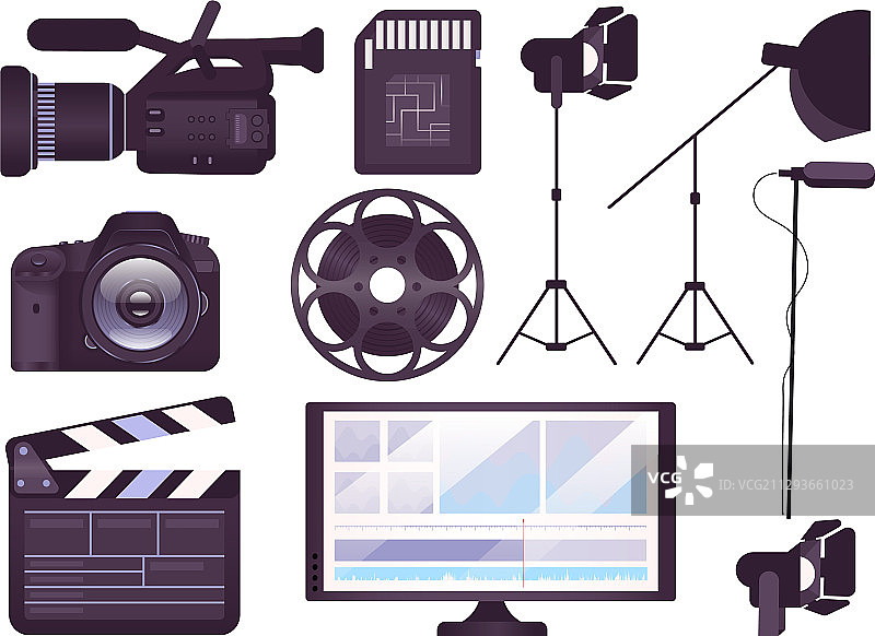视频制作设备扁平概念图标集图片素材