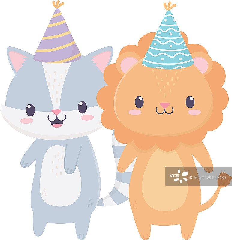 戴派对帽的浣熊狮子生日快乐图片素材