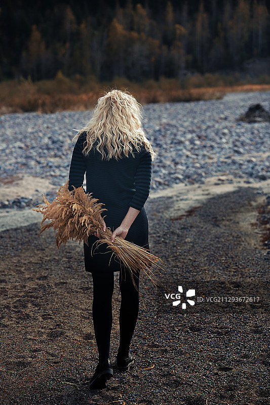 沉思的女人在岩石区拿着一把野草，适合做书的封面图片素材