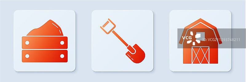 木制箱子铲子与农舍丰收场景图片素材