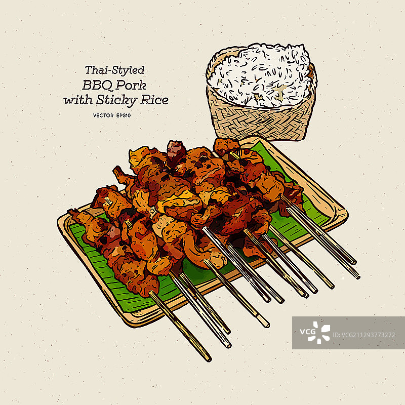 烤猪肉糯米饭泰式街头小吃图片素材