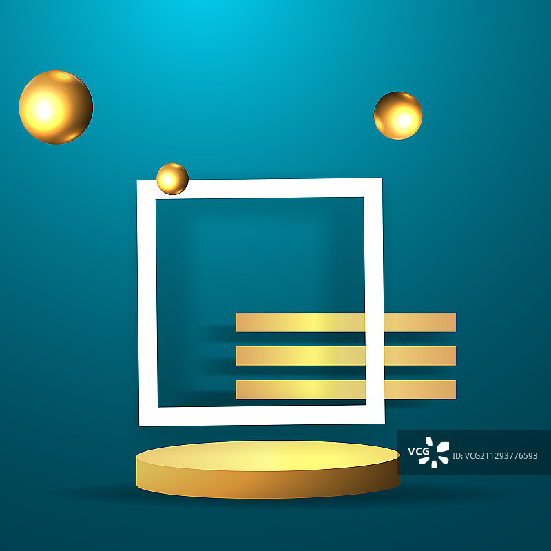 金色金属舞台与漂浮几何图形图片素材