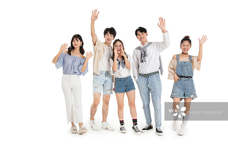 站立一排的青年男女挥手致意图片素材