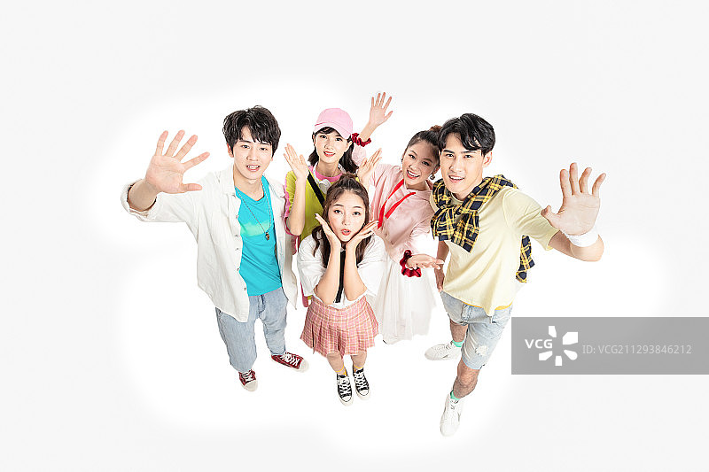 俯视挥手的五个年轻人图片素材