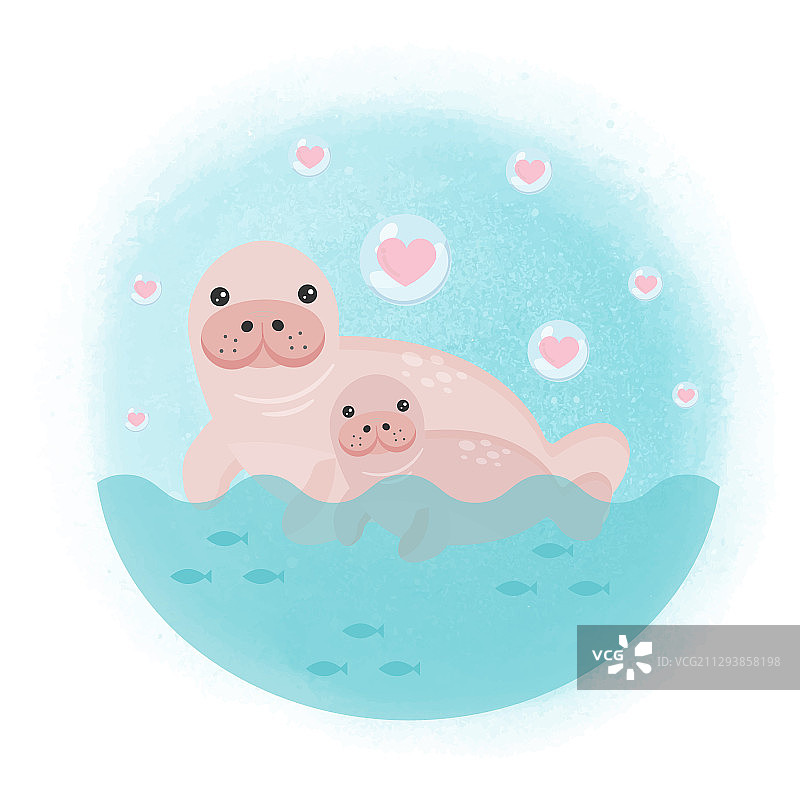 手绘海牛妈妈和宝宝图片素材