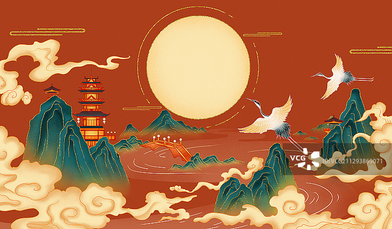 中秋节国潮金边插画背景图片素材