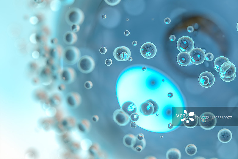 蓝色透明球体表面的气泡 3D渲染图片素材