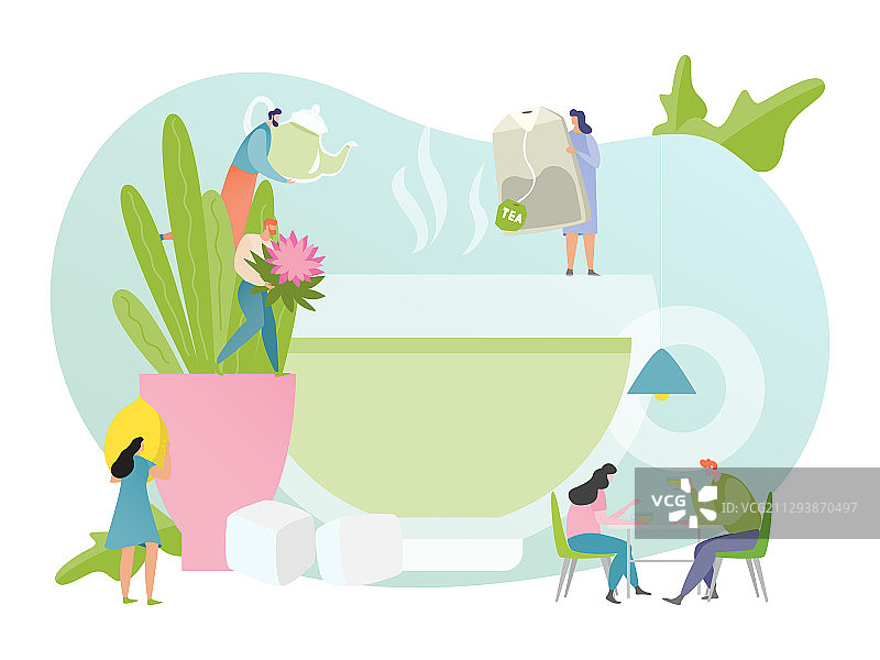 盛开的白茶概念，站在茶叶上的人图片素材