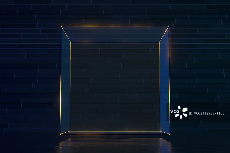 墙角的金色发光立方体 3D渲染图片素材