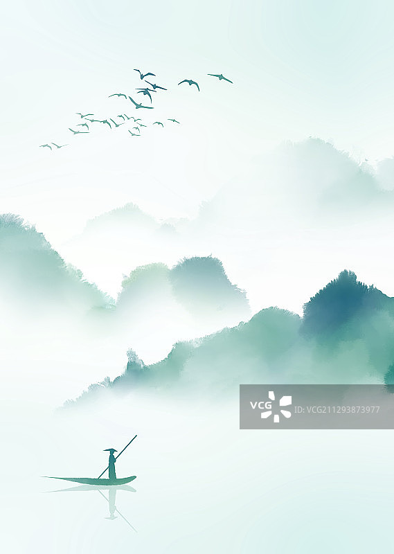 青绿色中式山水画图片素材