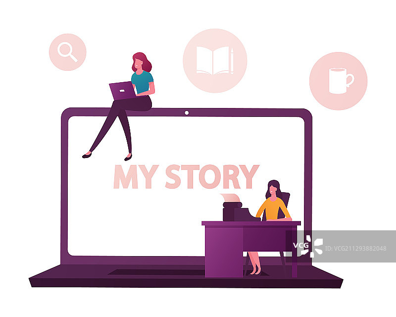 在大型笔记本电脑上写作的迷你女性角色图片素材