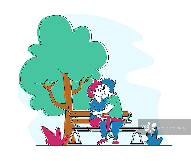 夏季城市公园长椅上亲吻的情侣图片素材