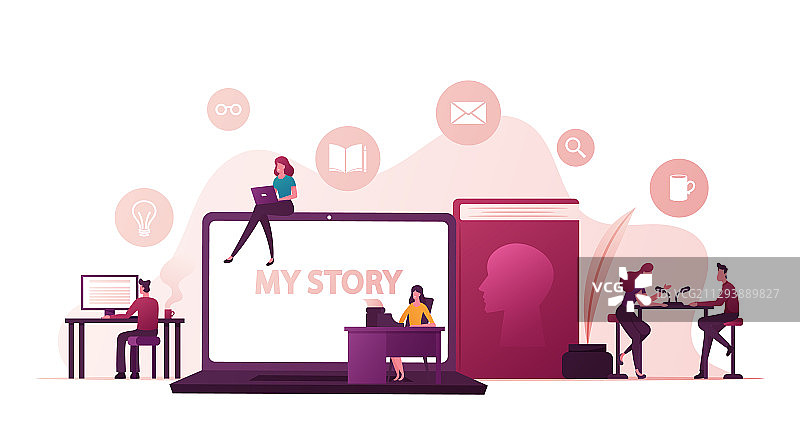 小人在大笔记本电脑前写传记图片素材