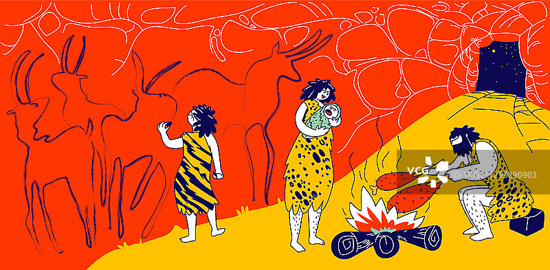 穴居原始人家庭生活图片素材